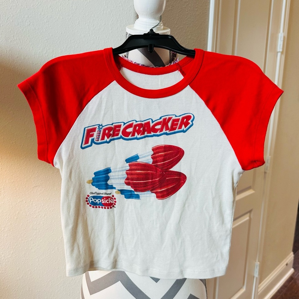 Red and White Short Sleeve Tee with Crew Neck